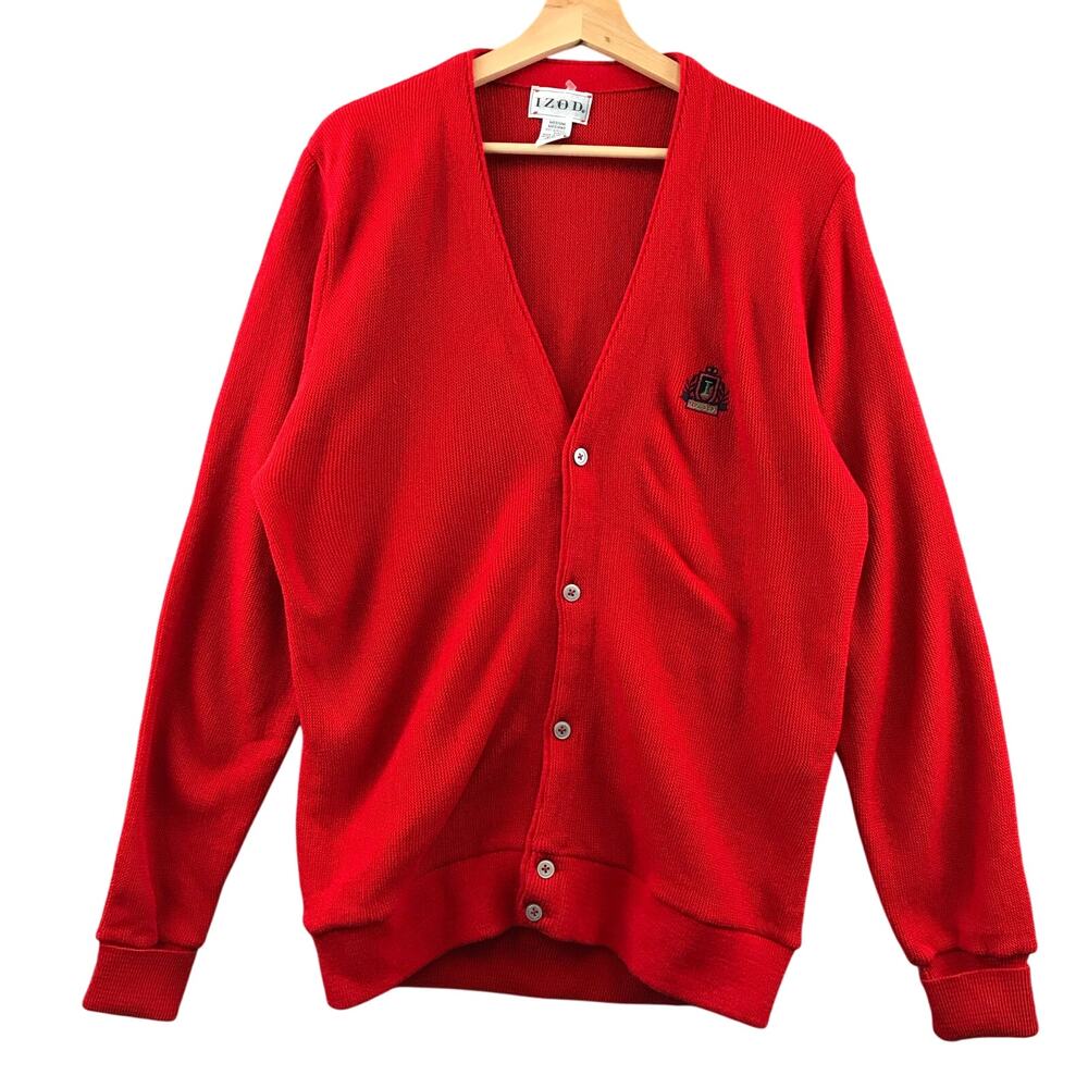Izod Cardigan Sweater Red Knit Grandpa Golf Rockabilly VTG size M